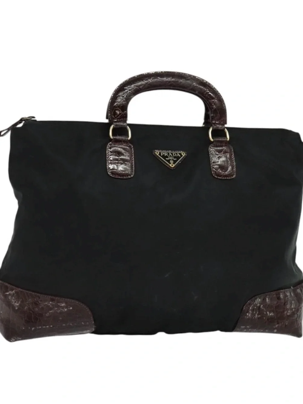 👜 PRADA Nylon Black Brown handbag Authentic Zip Fall Winter